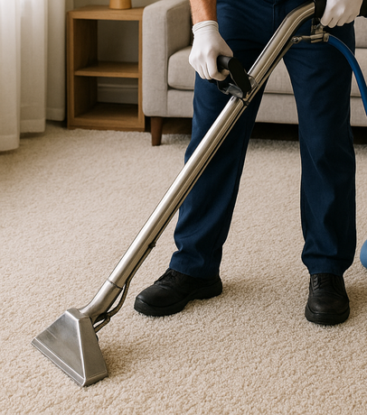 Blue vacuum cleaner cleaning a white fluffy rug in a living room setting.