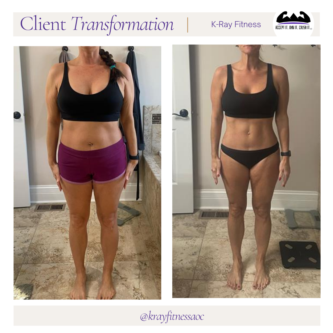 Client transformation: Before and after photos, woman in workout clothes. She appears slimmer in the after photo.