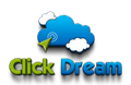 A logo for click dream with a cloud and an arrow pointing to it