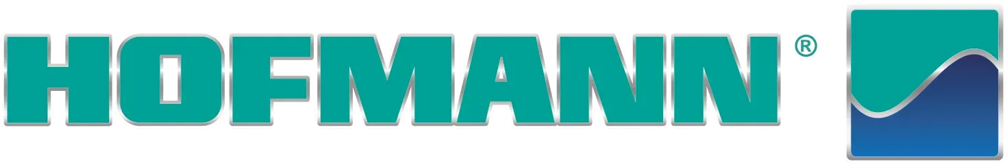 Un logo bleu et blanc pour Hofmann avec une flèche bleue