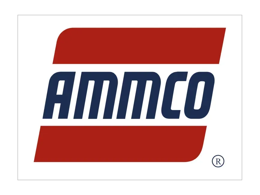 Un logo Ammco rouge, blanc et bleu sur fond blanc.