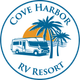 A logo for cove harbor rv resort with a rv and palm trees