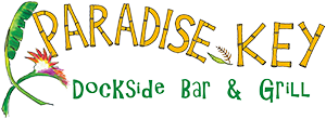 The logo for paradise key dockside bar and grill