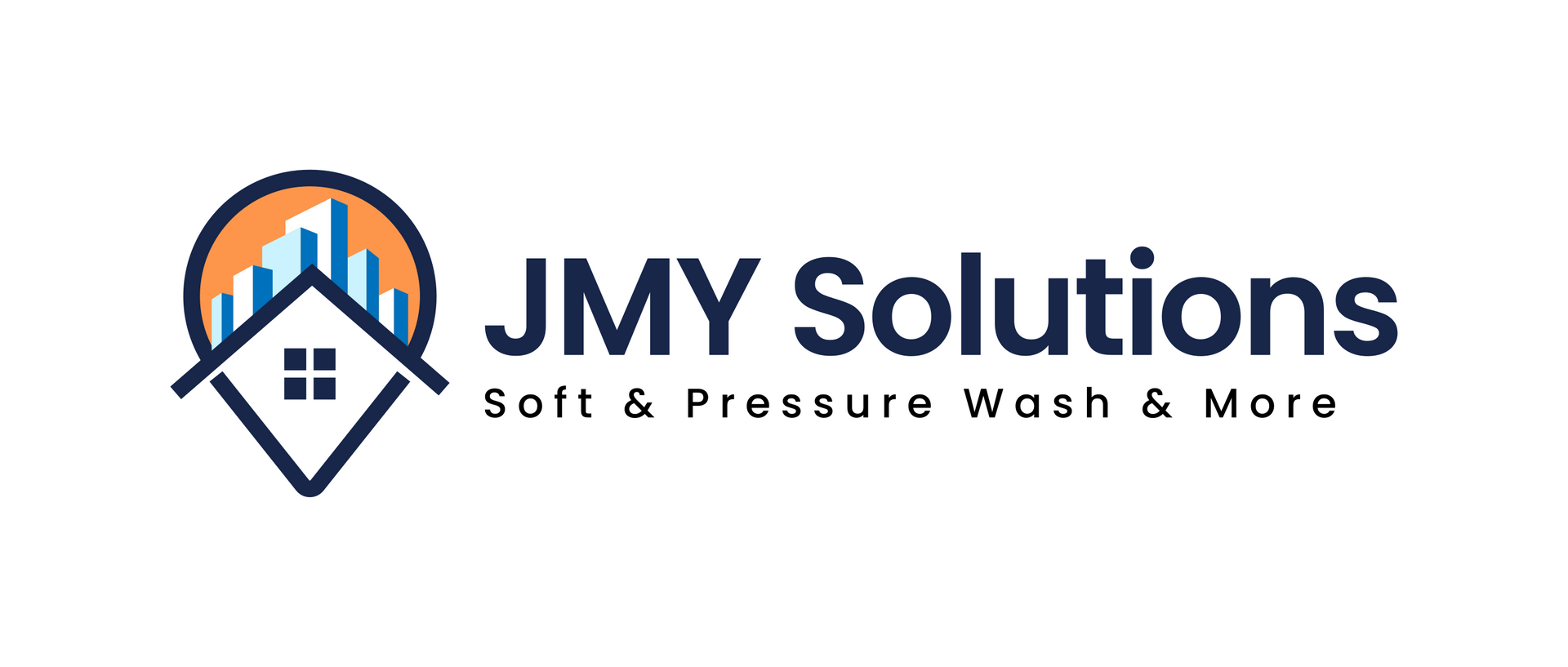 Logo of JMY Solutions. A house shape with a cityscape inside and the words "Soft & Pressure Wash & More" below.