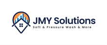Logo of JMY Solutions. A house shape with a cityscape inside and the words "Soft & Pressure Wash & More" below.
