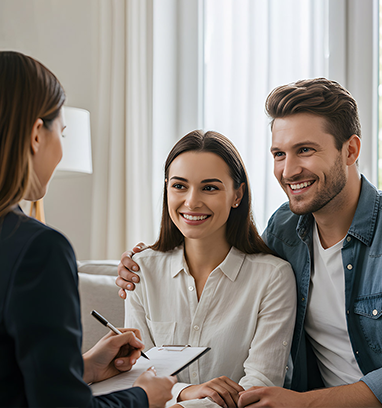 Smiling couple meets with a consultant in a bright office, discussing notes at a desk