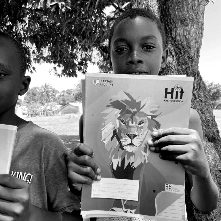 Zwei junge Jungen halten ein Buch mit dem Titel Hit