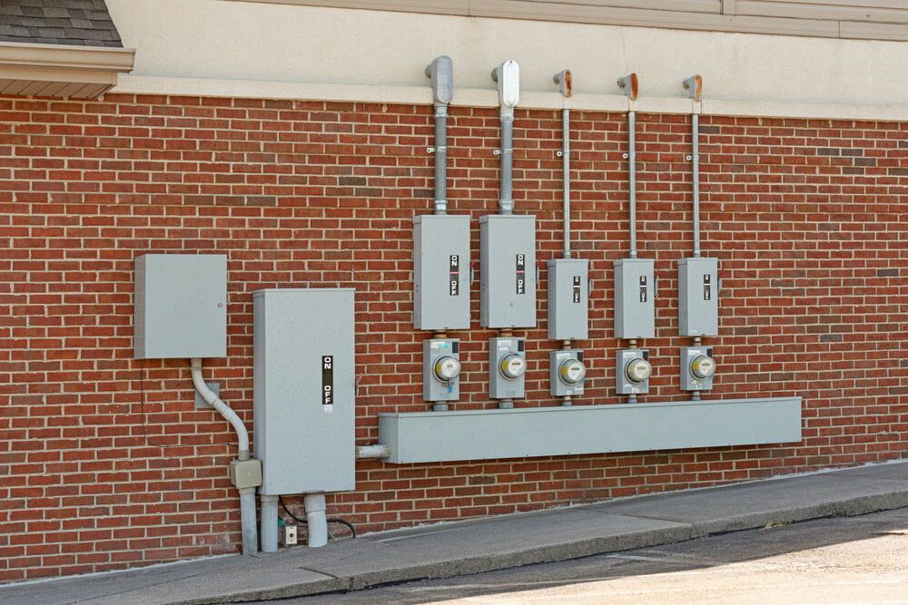 Electrical Meters and Boxes Mounted on a Brick Wall — Darwin Electrical Services in Humpty Doo, NT