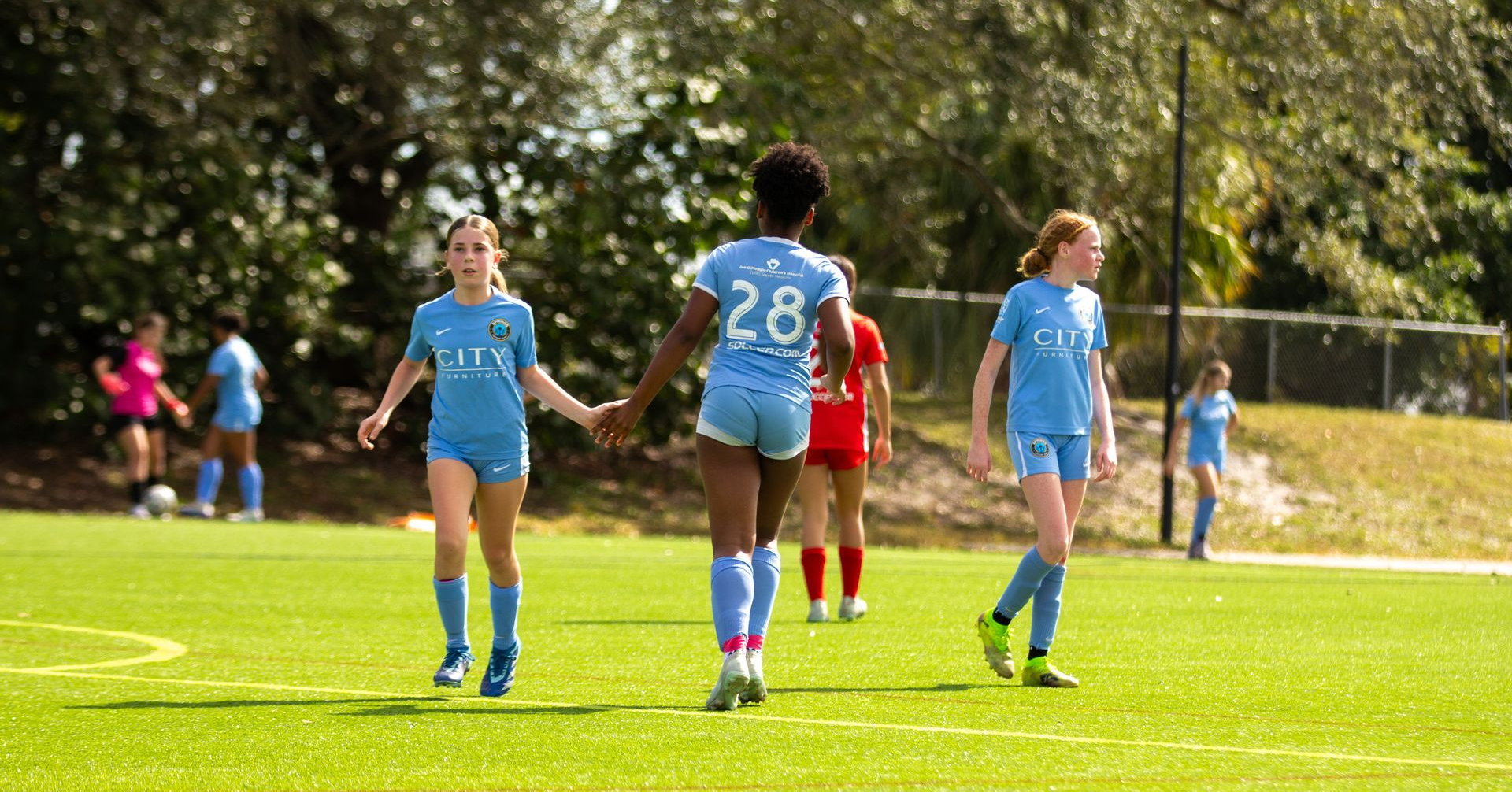 Soccer players in blue and red jerseys stand on a sunny grassy field during a match