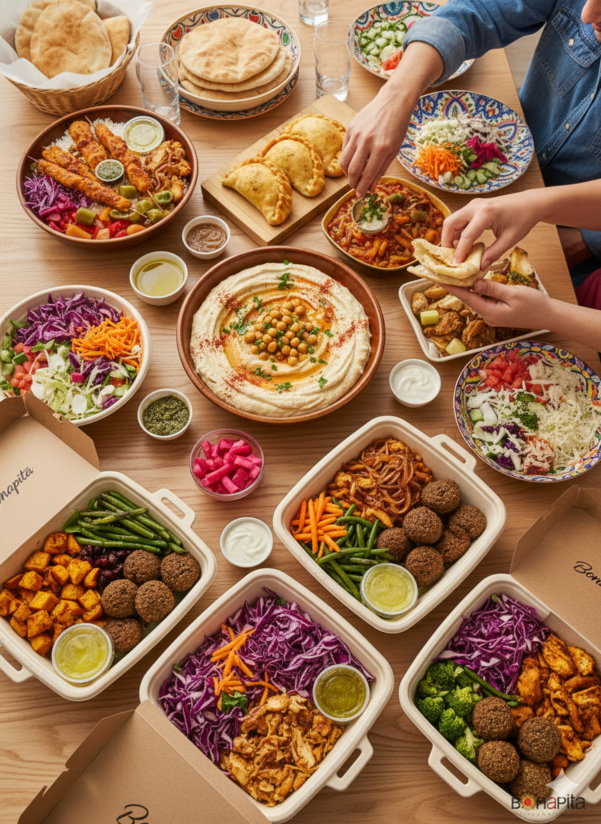 Table of Middle Eastern food with people reaching for food. Hummus, falafel, salads, and pita bread.