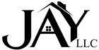 A black and white logo for jay llc with a house on it.