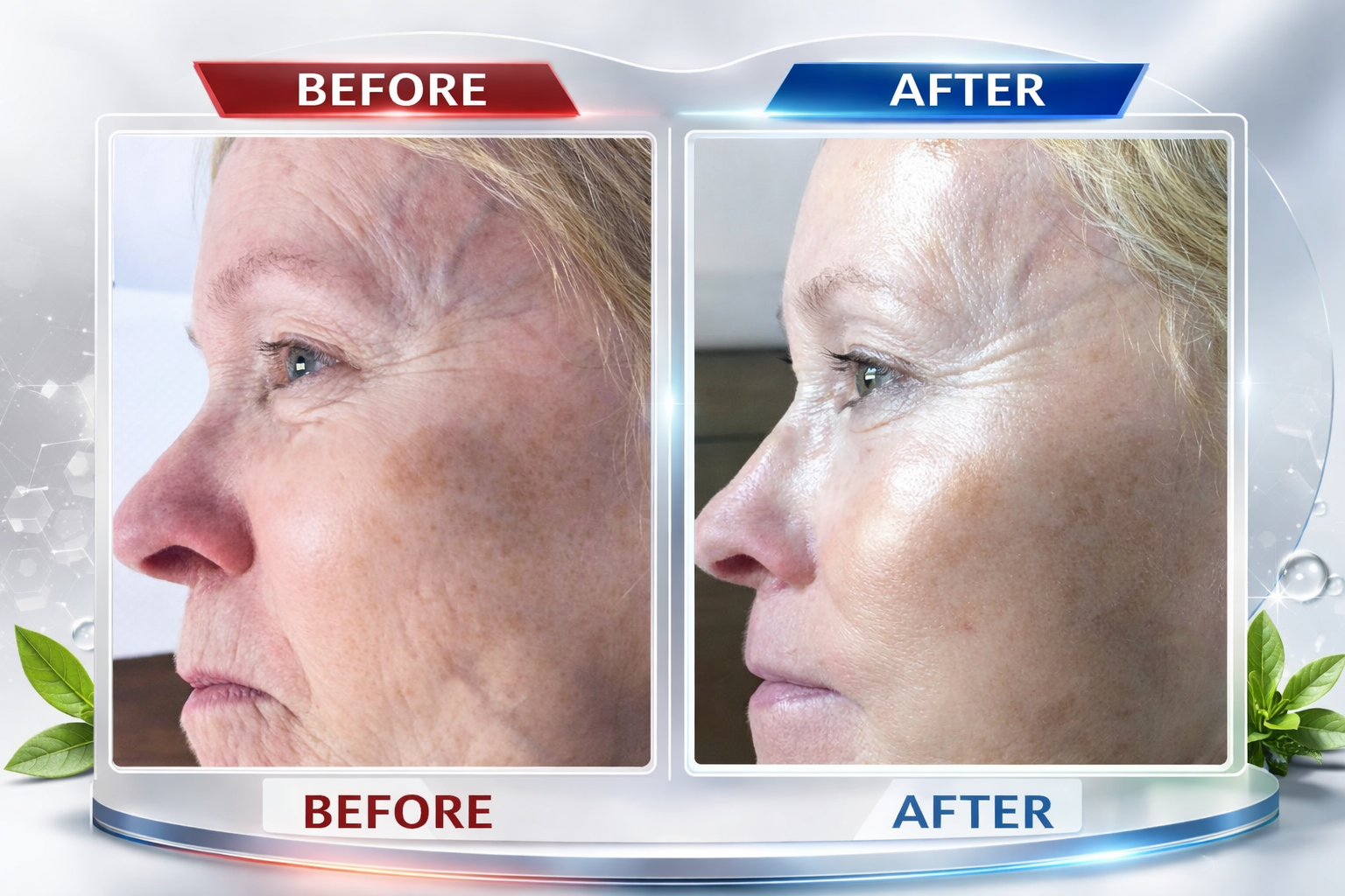 A woman's face is shown before, at 5 and at 10 NeurotriS treatments once a week for facial lifting and skin renewal.
