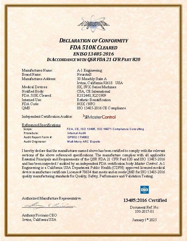 NeurotriS Declaration of Conformity FDA 510K Cleared.