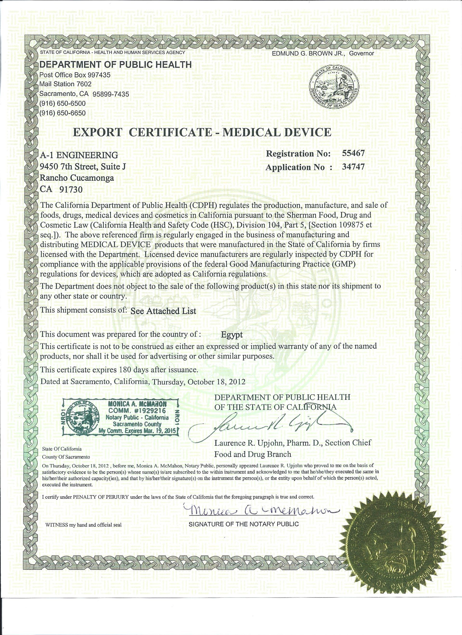 NeurotriS State of California Department of Public Health Food and Drug Branch Medical Device Manufacturing License.