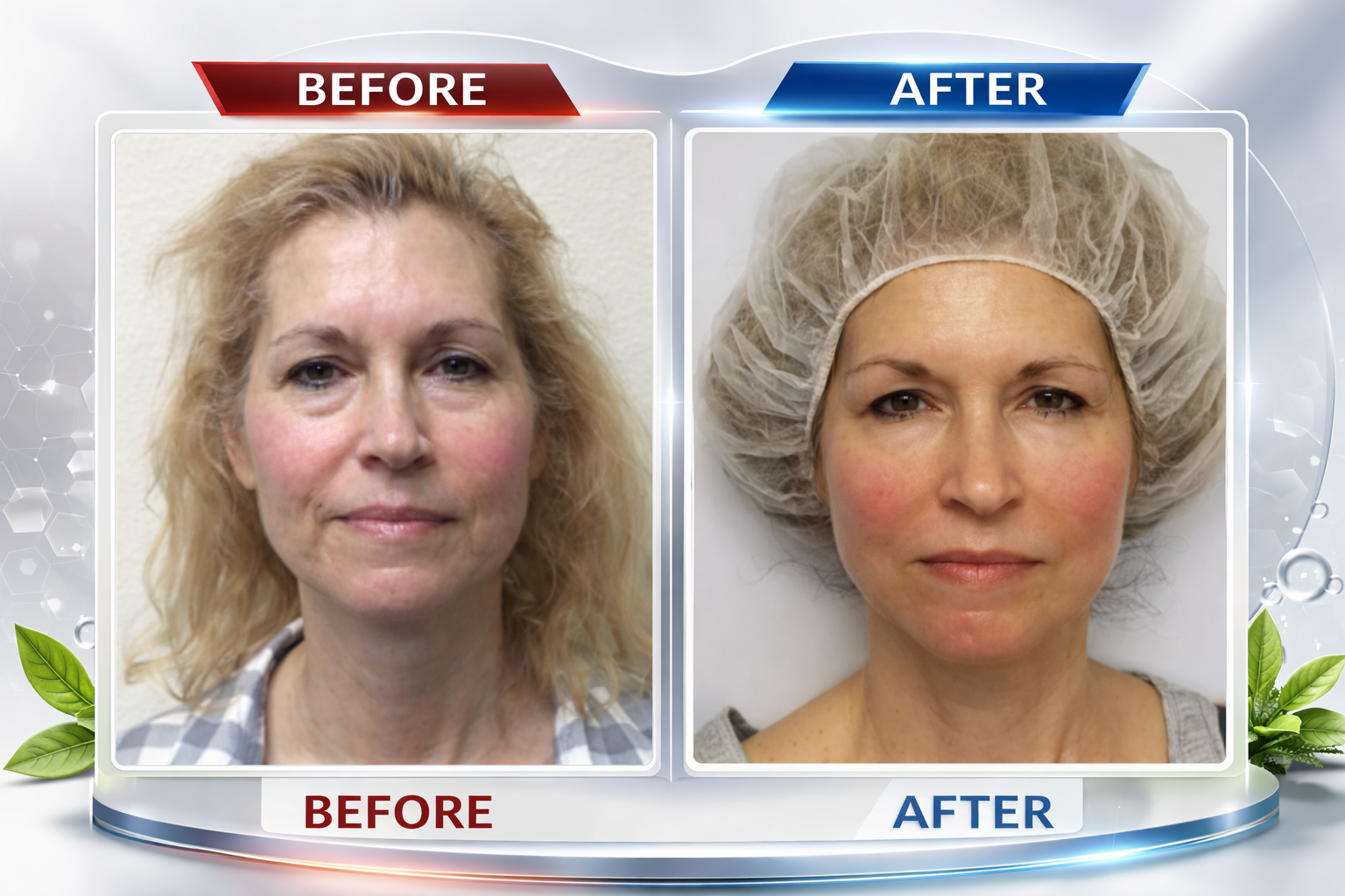 Photo of a woman who received NeurotriS facial microcurrent treatments for non-invasive lifting and toning.