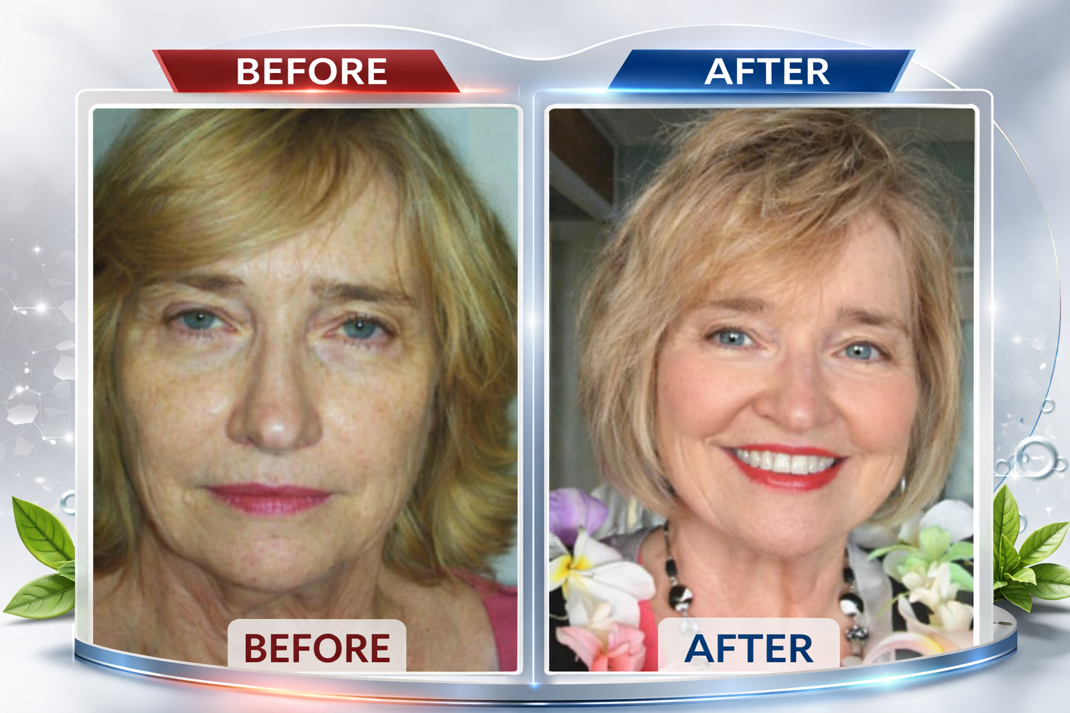 Photo of a woman who received NeurotriS facial microcurrent treatments for non-invasive lifting and toning.