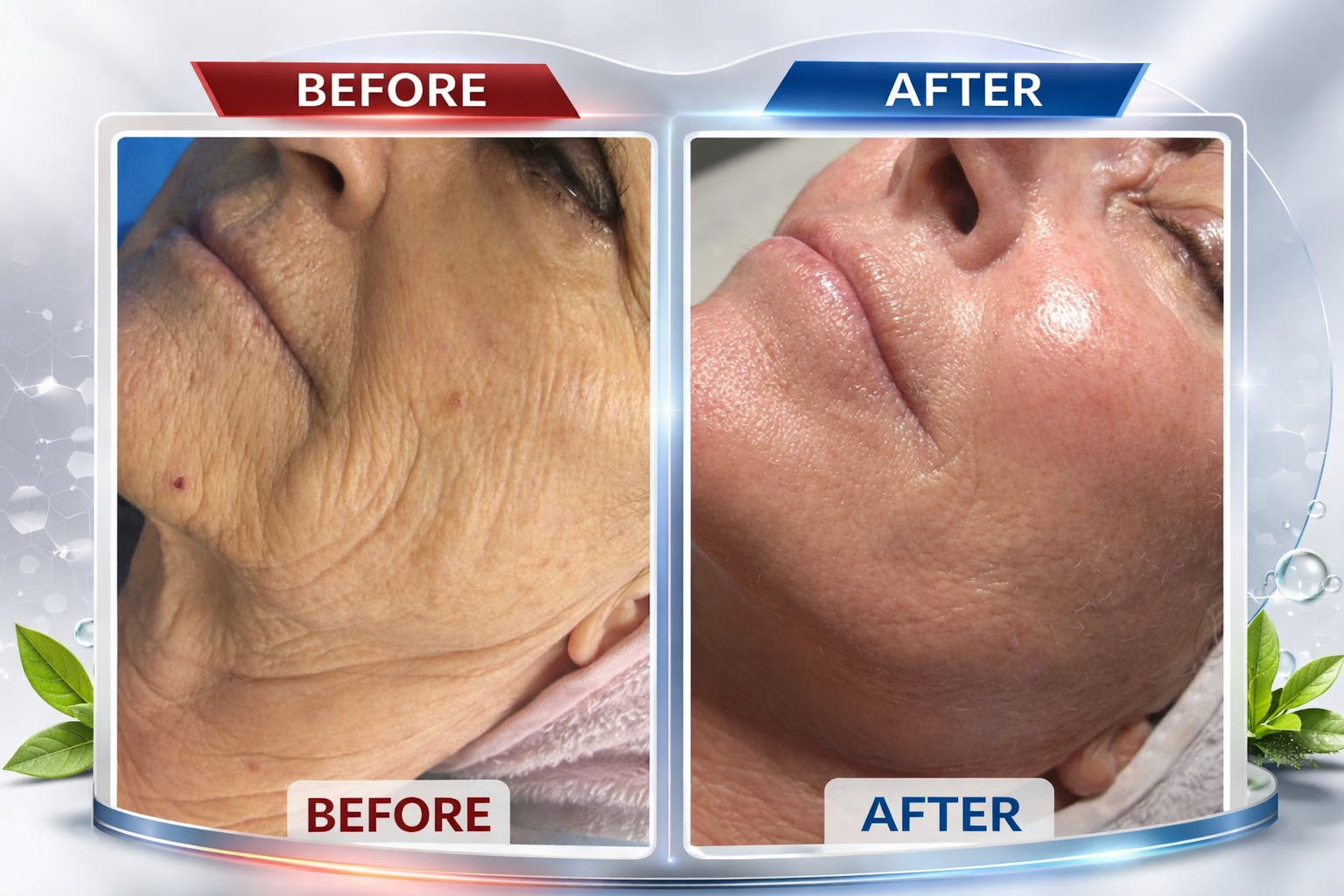 A woman's face is shown before, at 5 and at 10 NeurotriS treatments once a week for facial lifting and skin renewal.