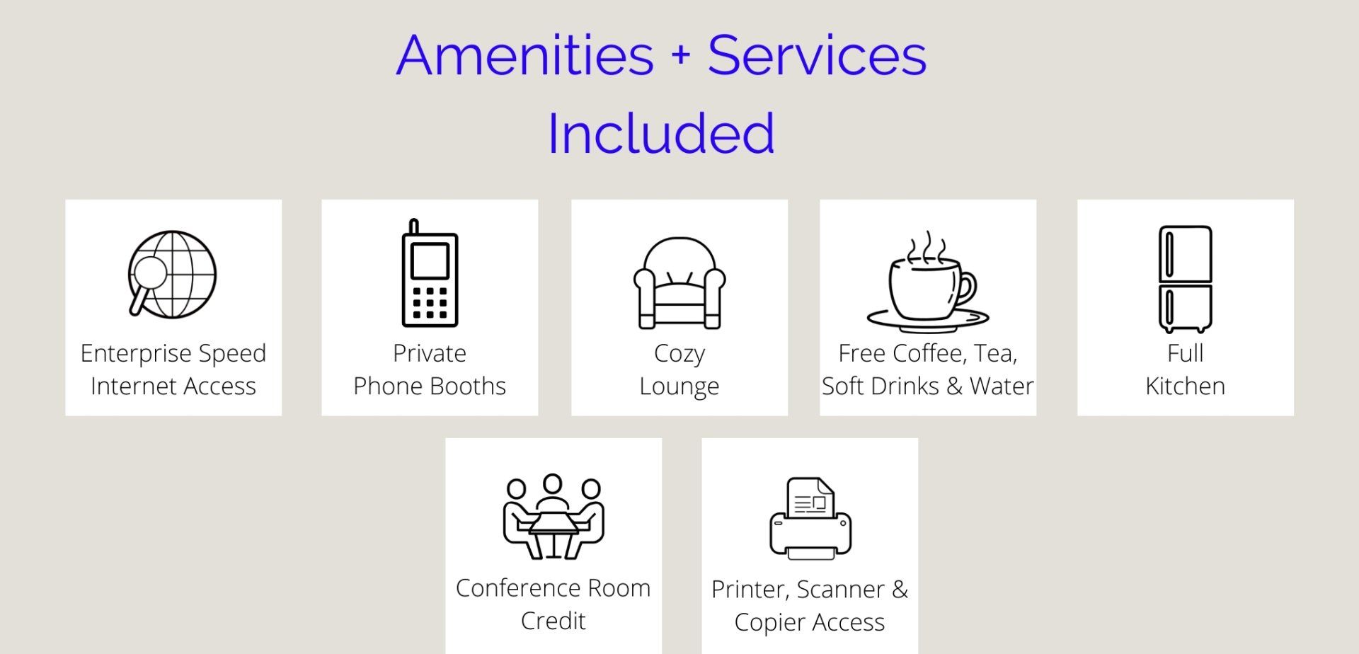 A screenshot of a website that says amenities and services included