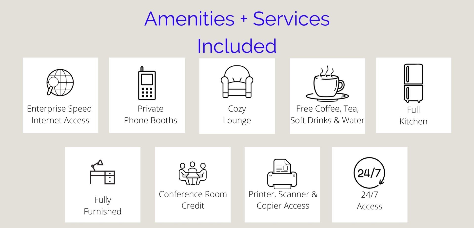 A list of amenities and services included in a hotel
