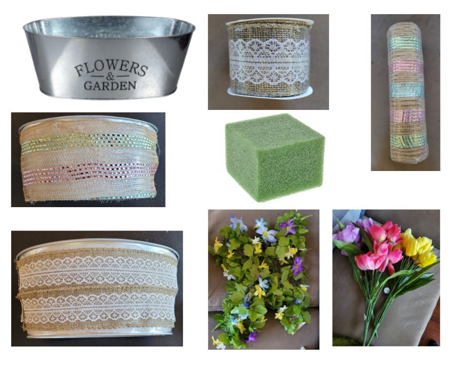 A collage of flowers and garden items including a bucket