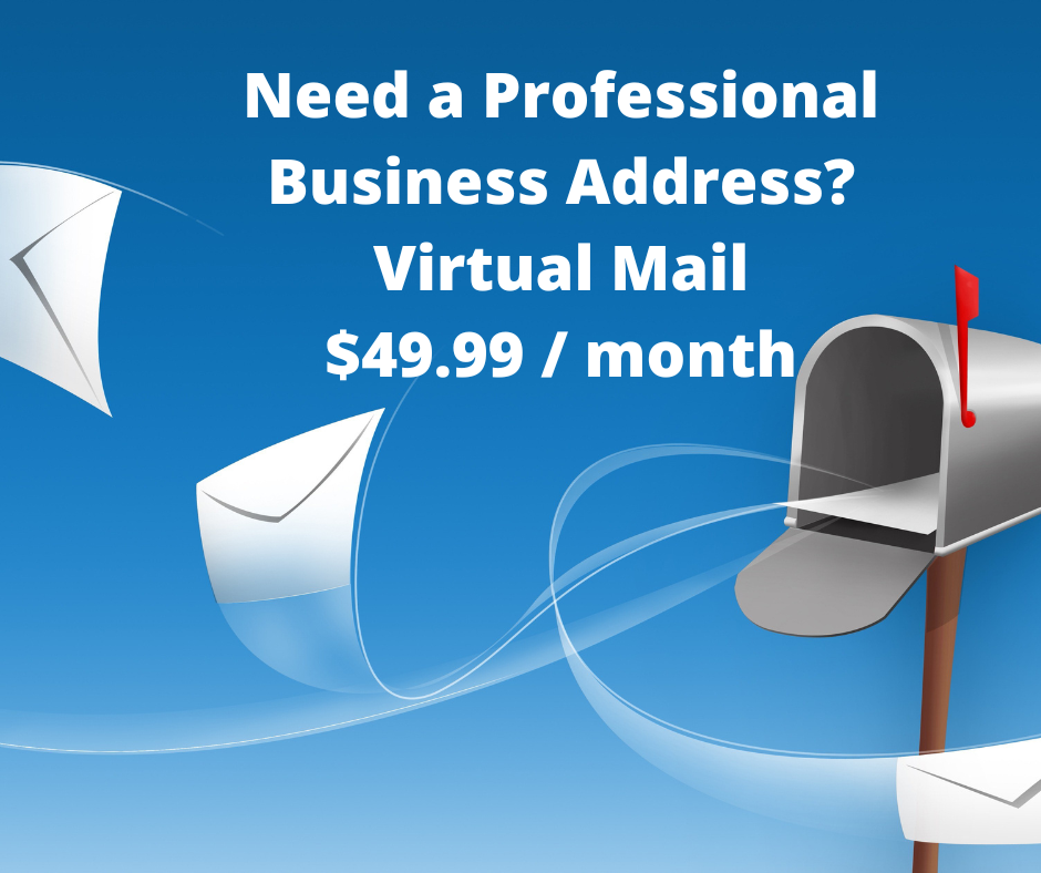 A sign that says need a professional business address virtual mail $ 49.99 / month