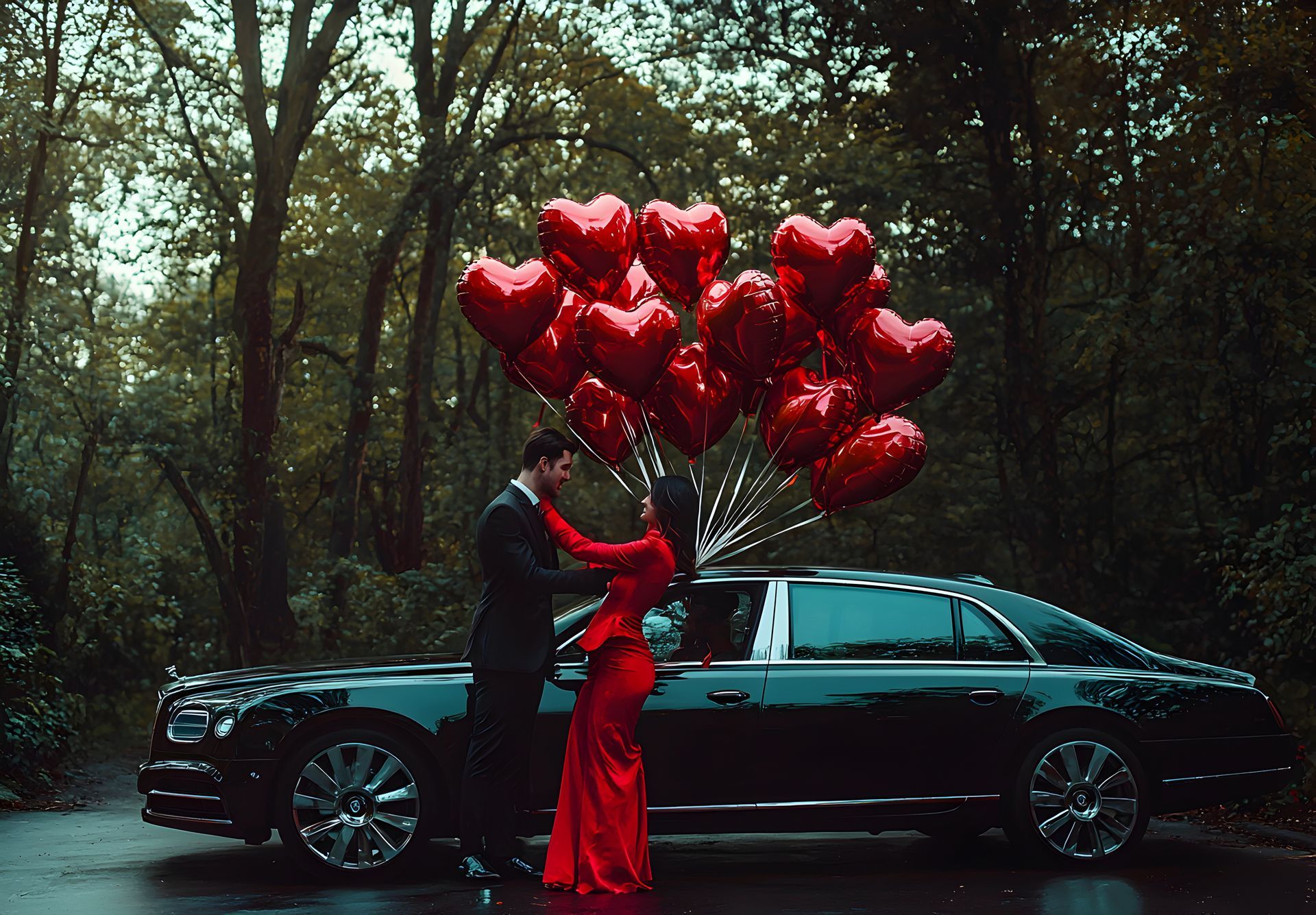 A man and woman are kissing in front of a limousine while holding heart shaped balloons.