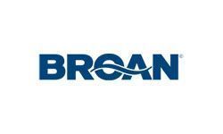 A blue and white logo for broan on a white background.