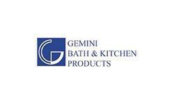 The logo for gemini bath and kitchen products is blue and white.