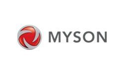 The logo for myson is a red circle with a swirl in the middle.