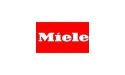 A red and white logo for miele on a white background.