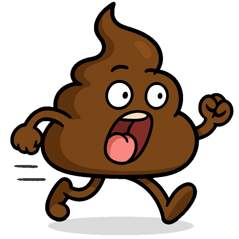A cartoon poop with arms and legs is running.