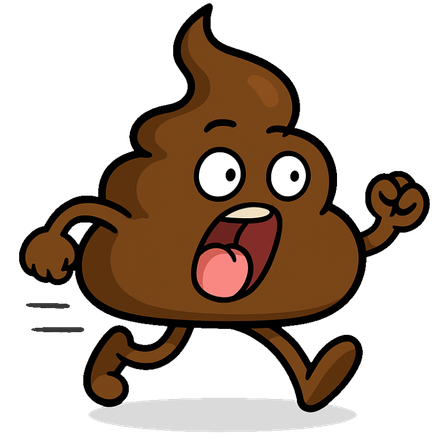 A cartoon poop with arms and legs is running.