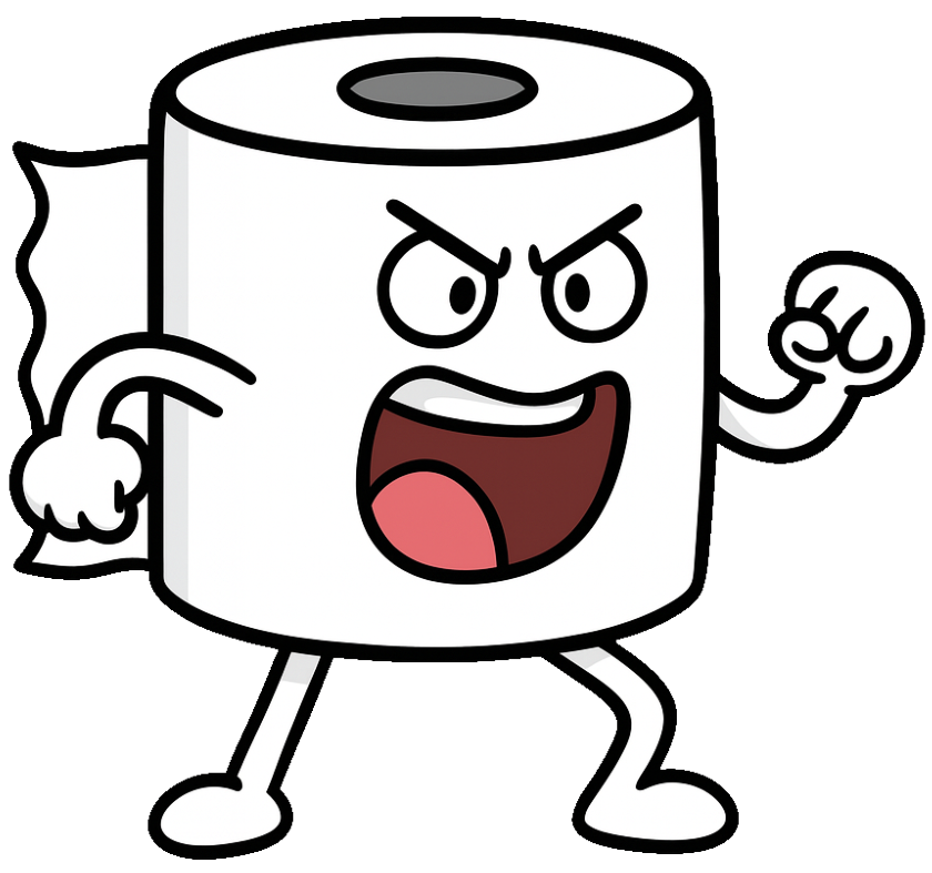 A roll of toilet paper with a cartoon face and arms and legs.