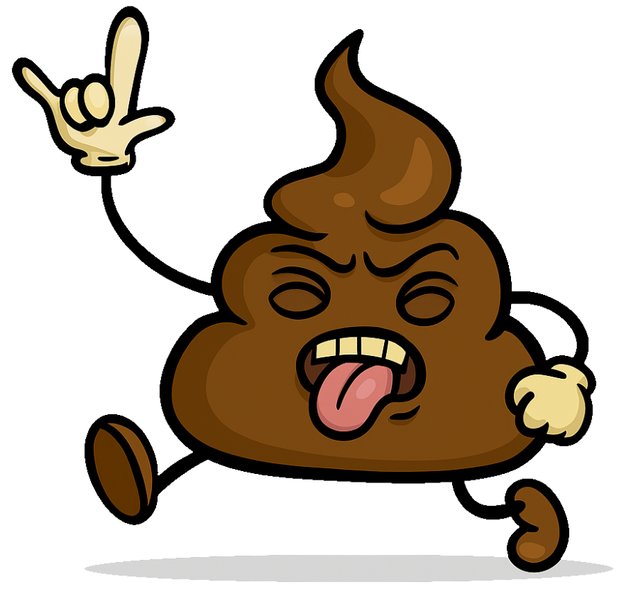 A cartoon illustration of a poop with arms and legs making a rock sign.