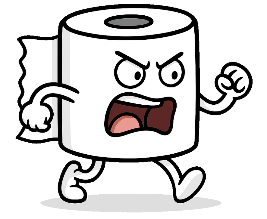 A cartoon illustration of a roll of toilet paper with an angry face.