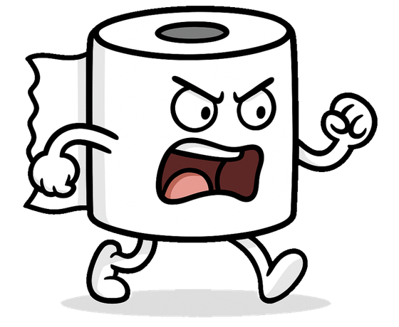 A cartoon illustration of a roll of toilet paper with an angry face.