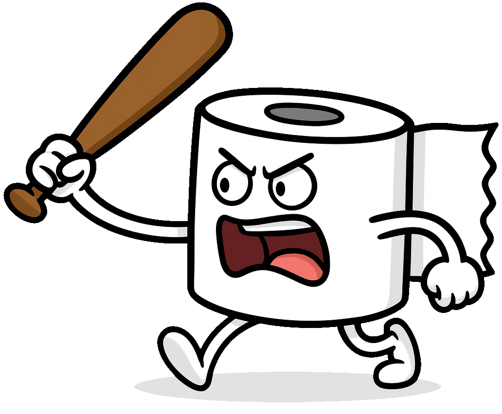 A cartoon illustration of a roll of toilet paper holding a baseball bat.