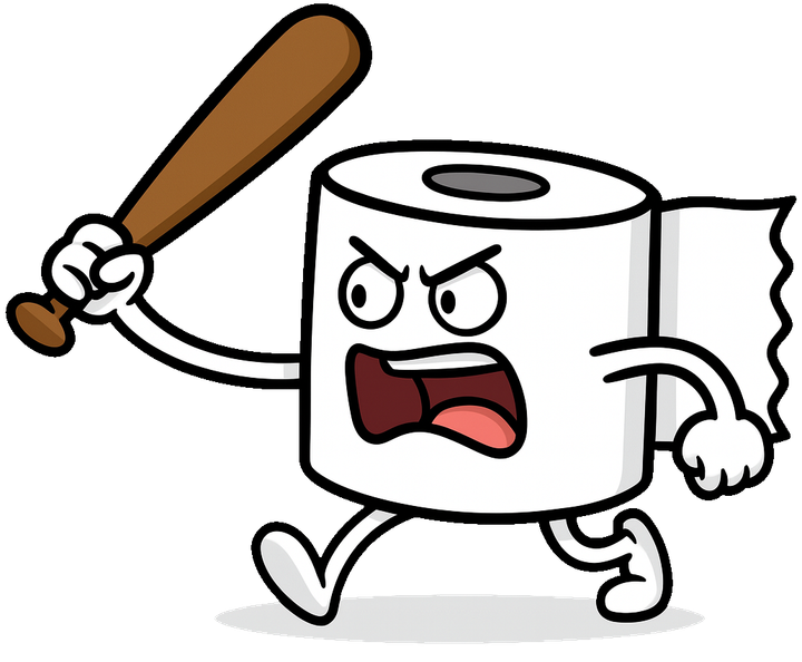 A cartoon illustration of a roll of toilet paper holding a baseball bat.