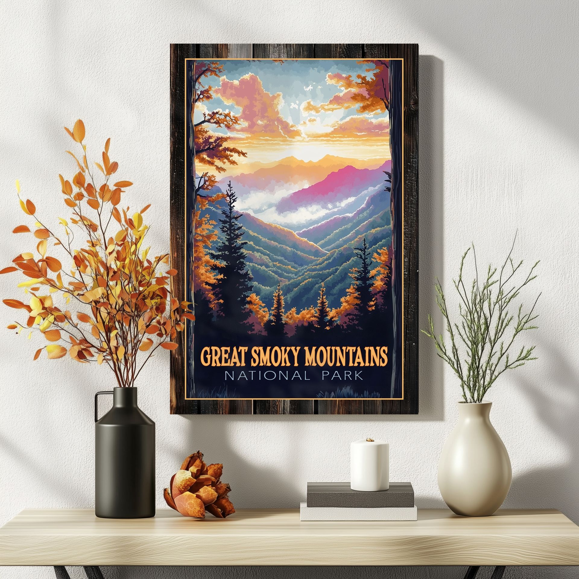 A poster of the great smoky mountains national park hangs on a wall