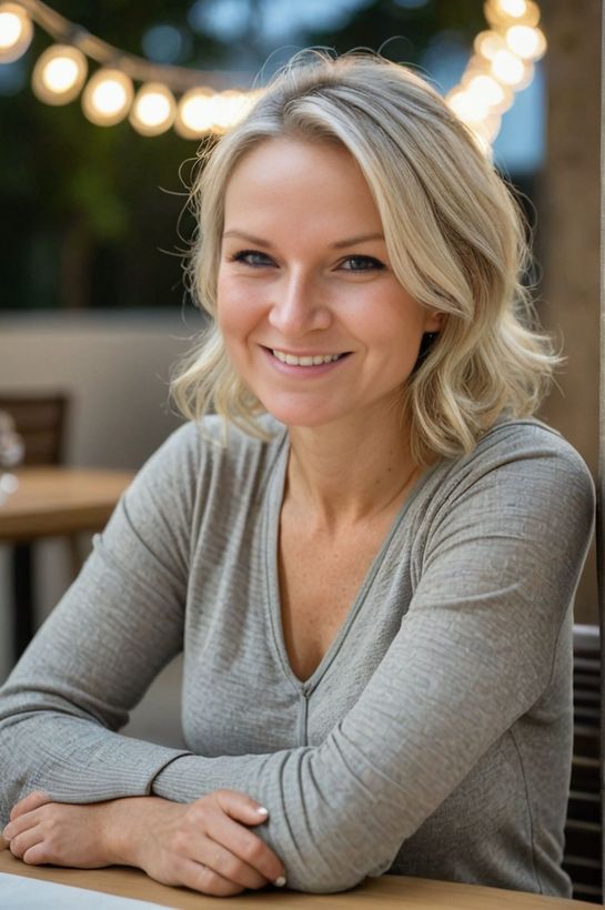Blond woman in grey shirt smiles outdoors with string lights overhead.