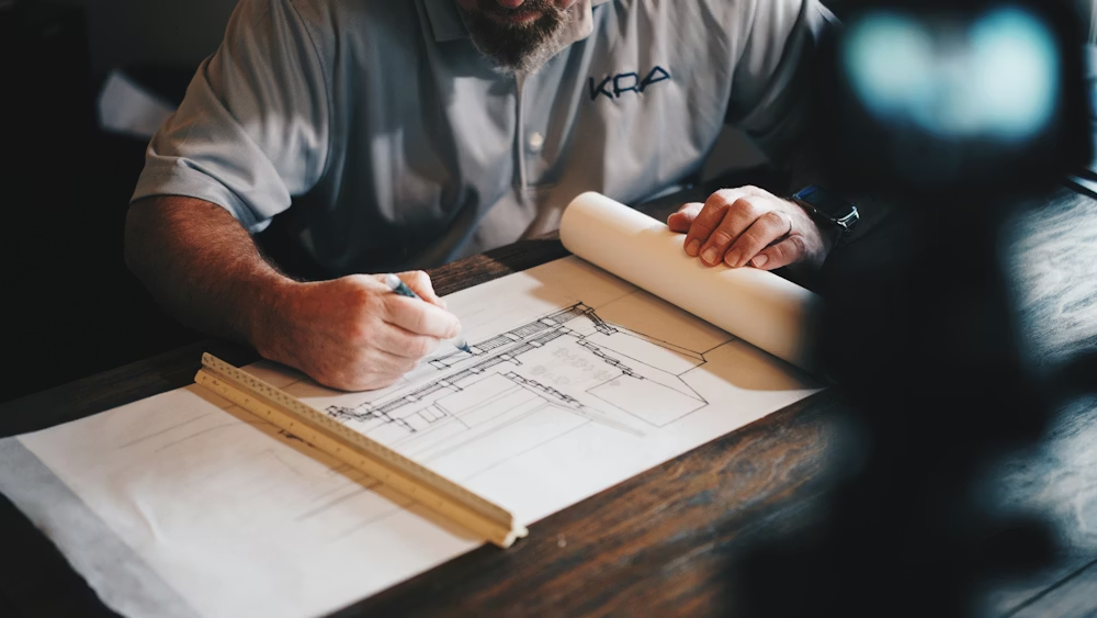 Person sketching a floor plan on paper beside a ruler and rolled blueprints on a desk