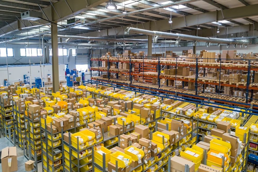 Large warehouse interior filled with stacked yellow boxes and shelving under bright industrial lighting