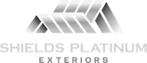 Shields Platinum Exteriors logo with gray geometric roof graphic and text