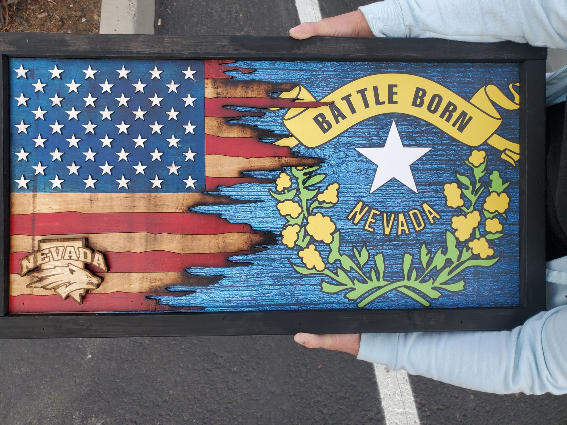A person is holding a framed nevada flag