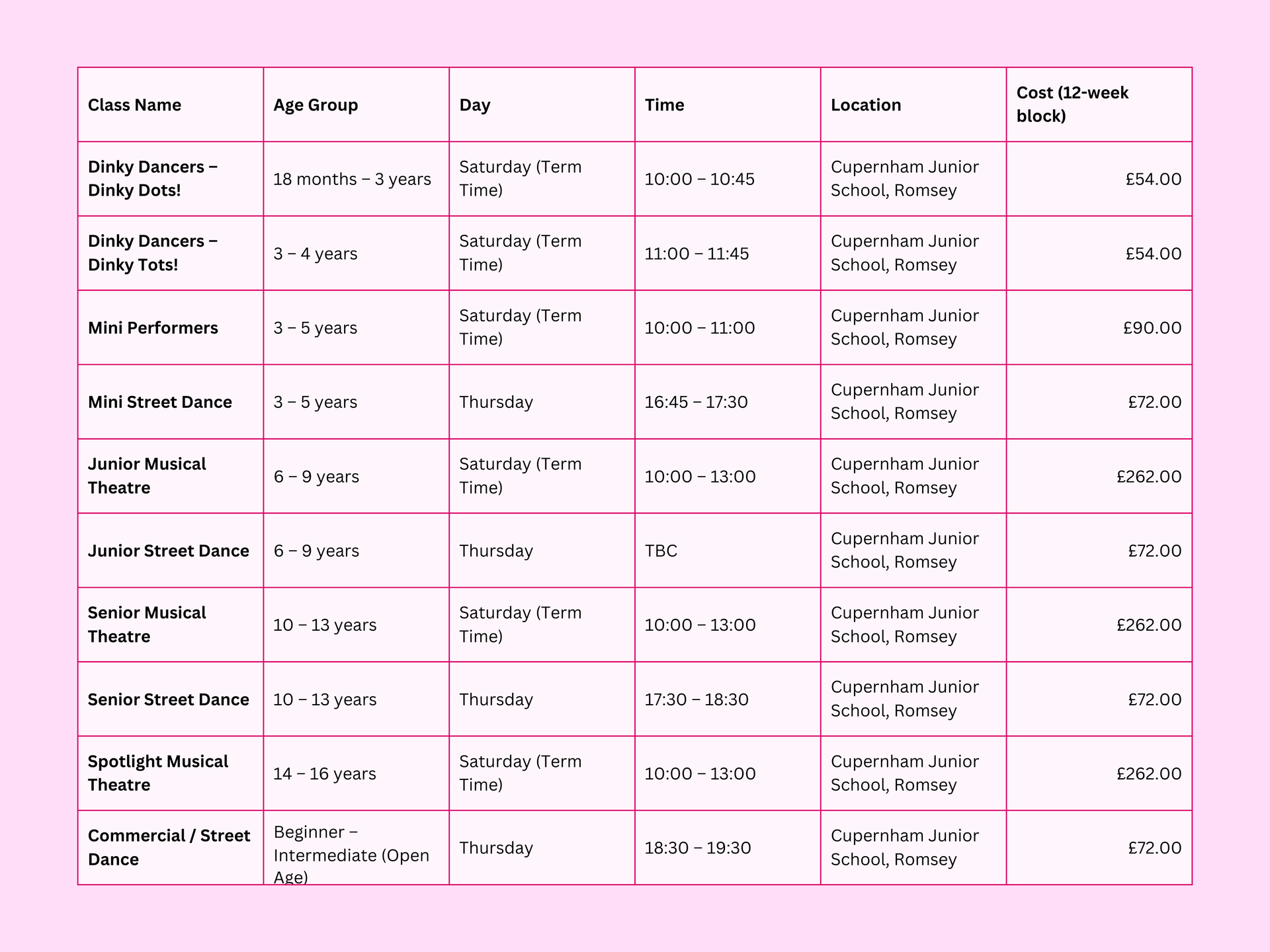 Table listing the title, age group, ID, MMC, location, and cost of school models.