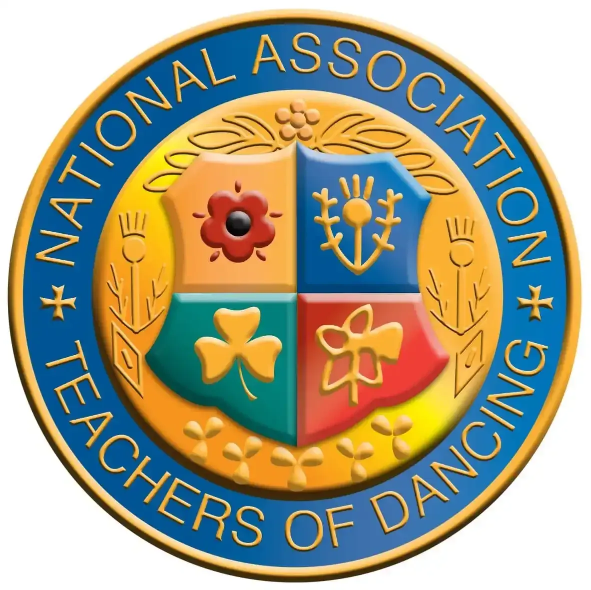 National Association Teachers of Dancing emblem; a colorful heraldic shield inside a gold-bordered blue circle with text.