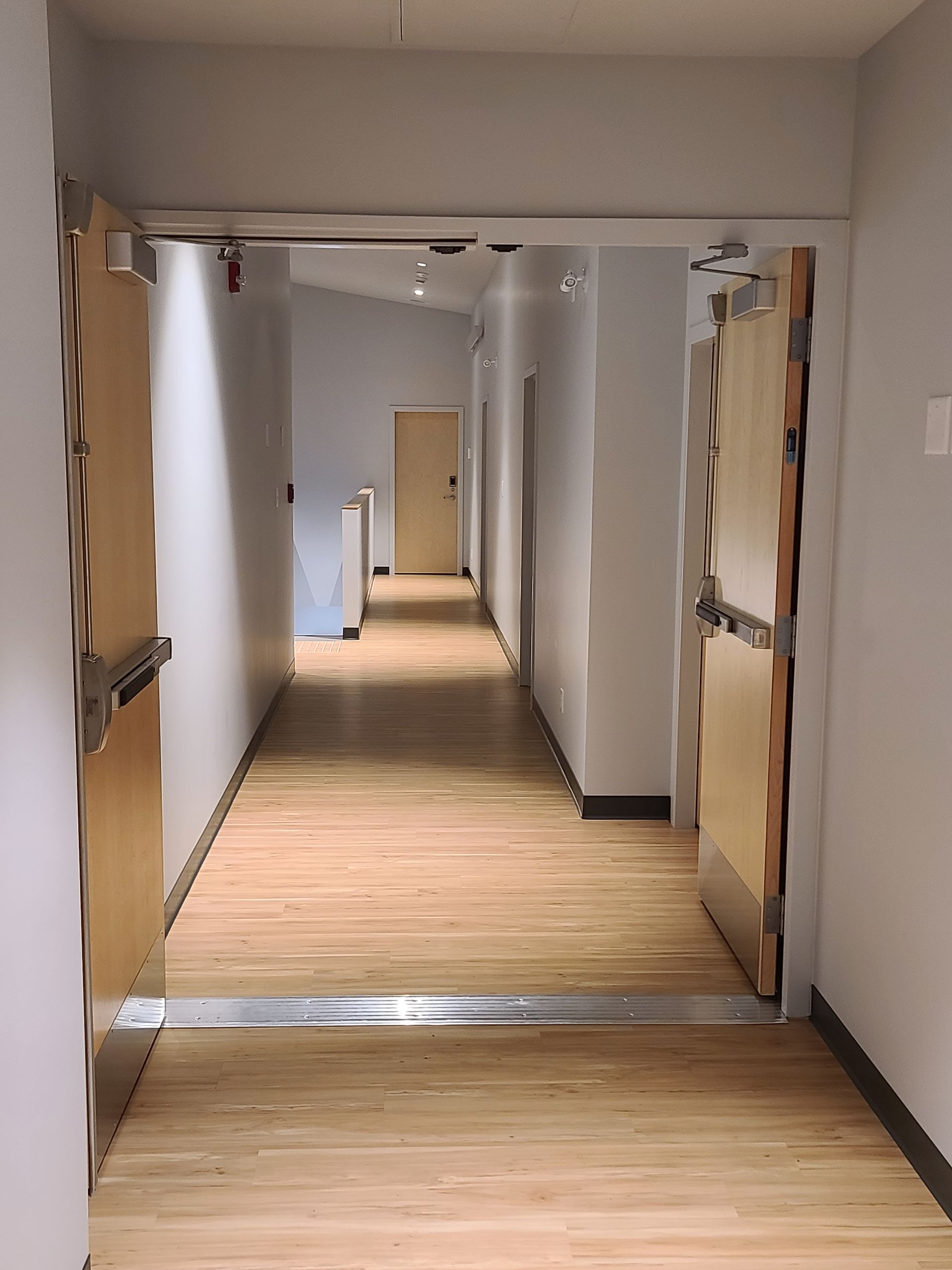 Hallway with wooden floor and several doors on both sides.