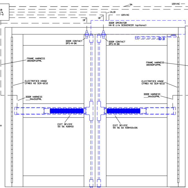 A blue and white drawing of a building with a lot of words on it