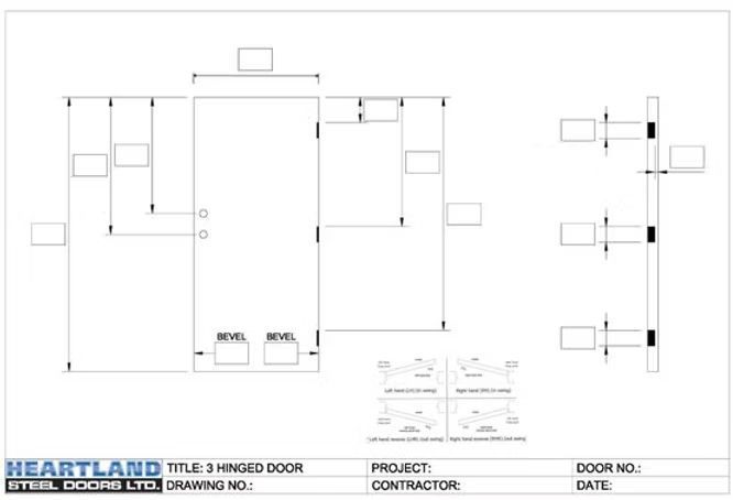 A black and white drawing of a hinged door