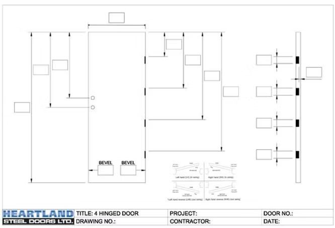 A black and white drawing of a 4 hinged door